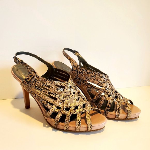 SNAKE SKIN / Reptile Print  Heels Woven Slingback Sandals Blush Pink & Black - Picture 3 of 5